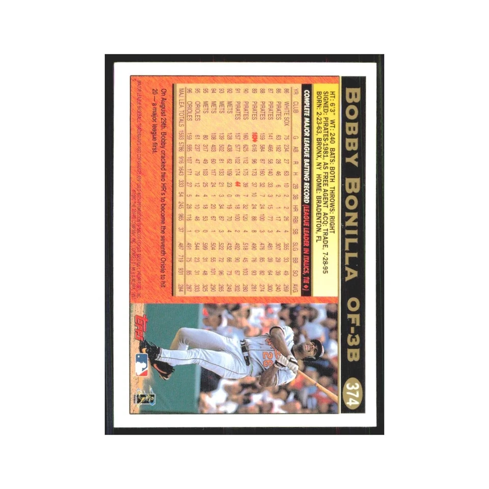 1997 Topps Bobby Bonilla Orioles #374 - Image 2 of 3