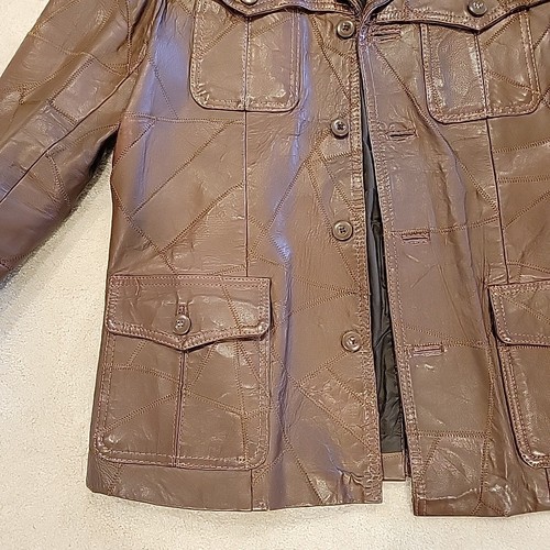 Giacca patchwork pelle vintage anni 60-70 uomo 42 Woodstock patch tasca marrone - Foto 6 di 24
