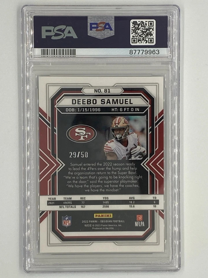 DEEBO SAMUEL 2022 Panini Obsidian Card #81, Electric Etch Green /50, PSA 9 MINT - Image 2 of 2