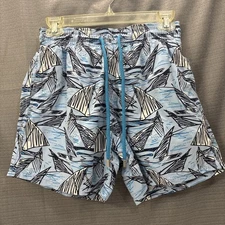 Vilebrequin Trunks Shorts Swim Mens Blue Artsy Triangle Fins Sails 6" W/Bag