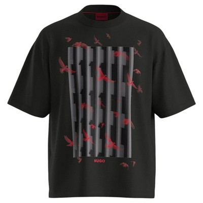 Hugo Boss Mens Black Digraph Graphic Bird Print Short Sleeve Crew Neck Tee Shirt
