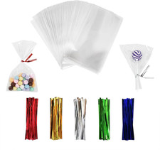 100PCS Cellophane Bags 3X5 Inches, Clear Treat Bags with 4    Twist Ties, Plastic