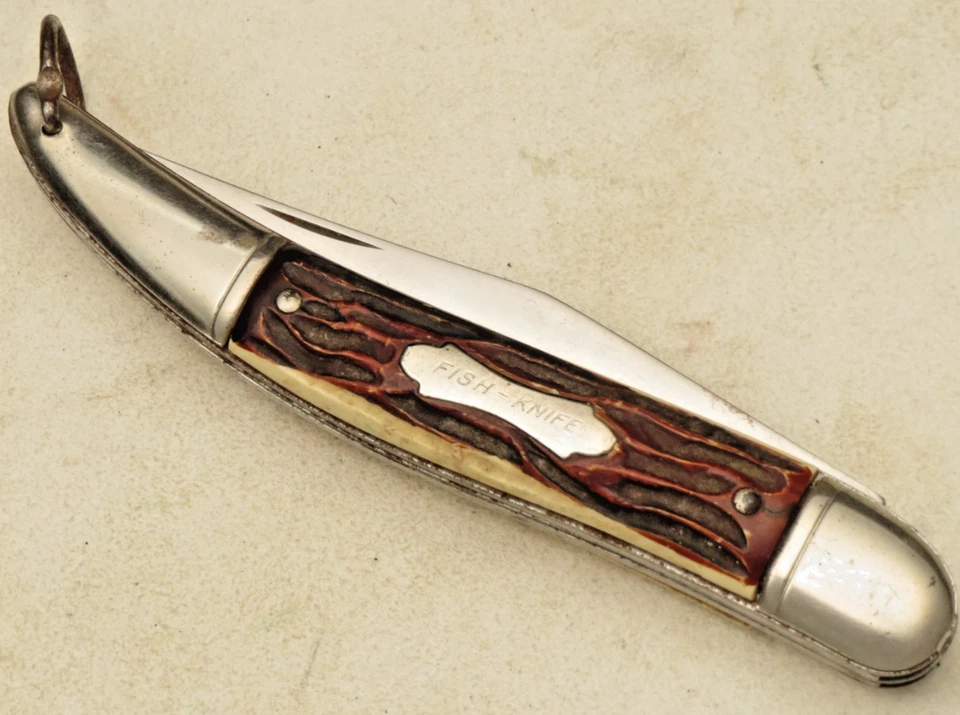 Винтажный сделанный в США КОЛОНИАЛЬНЫЙ из нержавеющей стали — рыболовный нож с двумя лезвиями — неиспользованный нож - Изображение 4 из 4