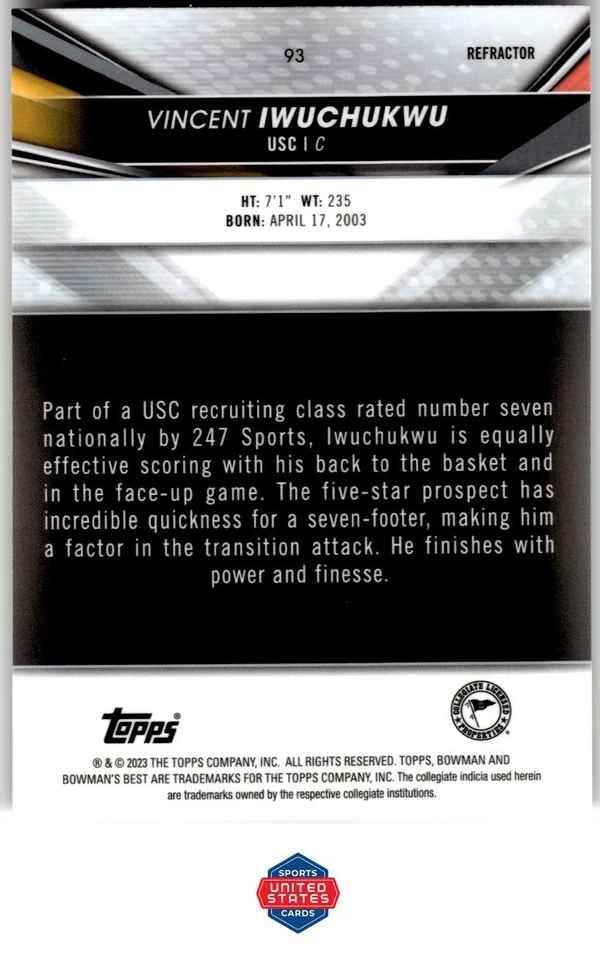 2022-23 Bowman University Best #93 Vincent Iwuchukwu Refractors - Image 2 of 2