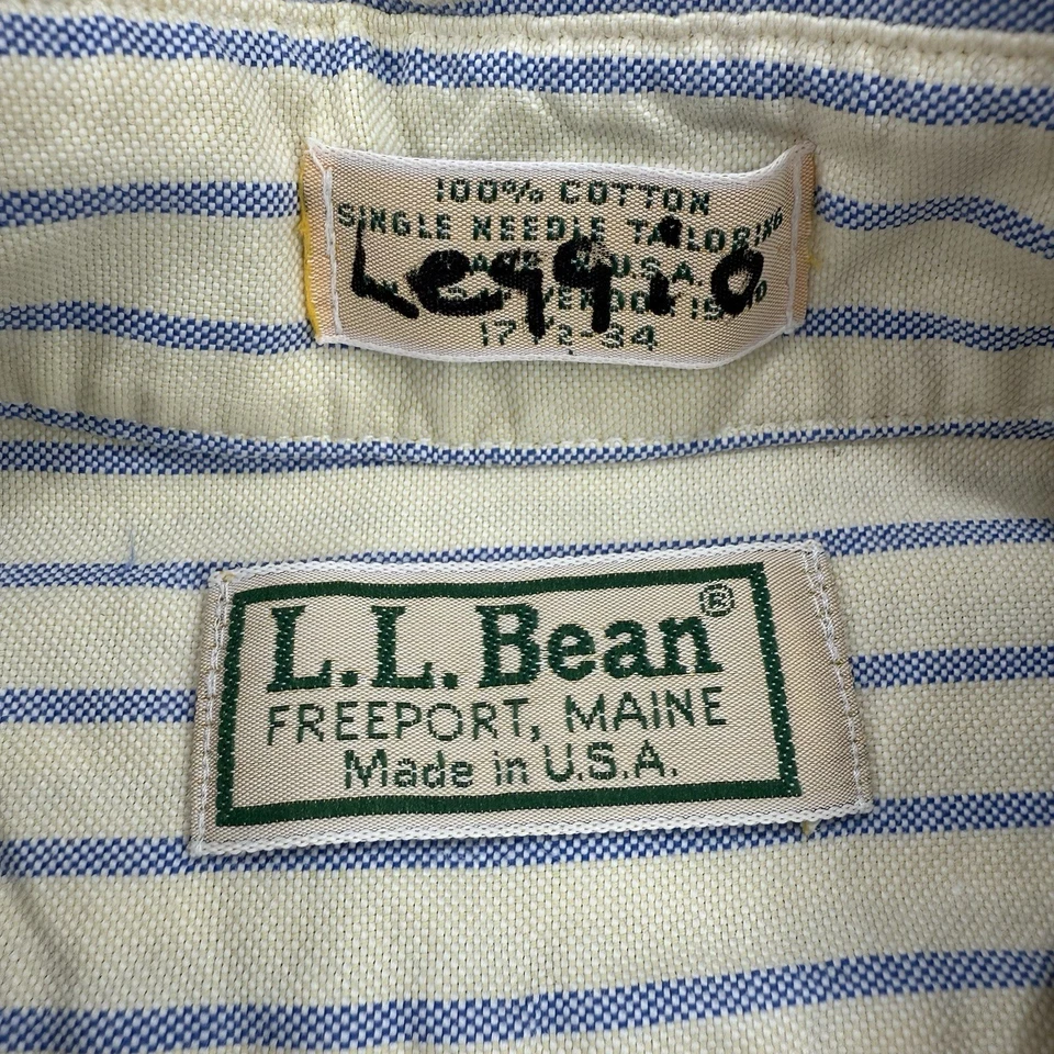 LL Bean Shirt Men’s 17.5-34 Yellow/Blue Striped Vintage Made In USA Long Sleeve - Image 2 of 4