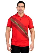 Men's Italian style Short Sleeves Red Polo shirt 1/4 buttoned Greek Key Pattern