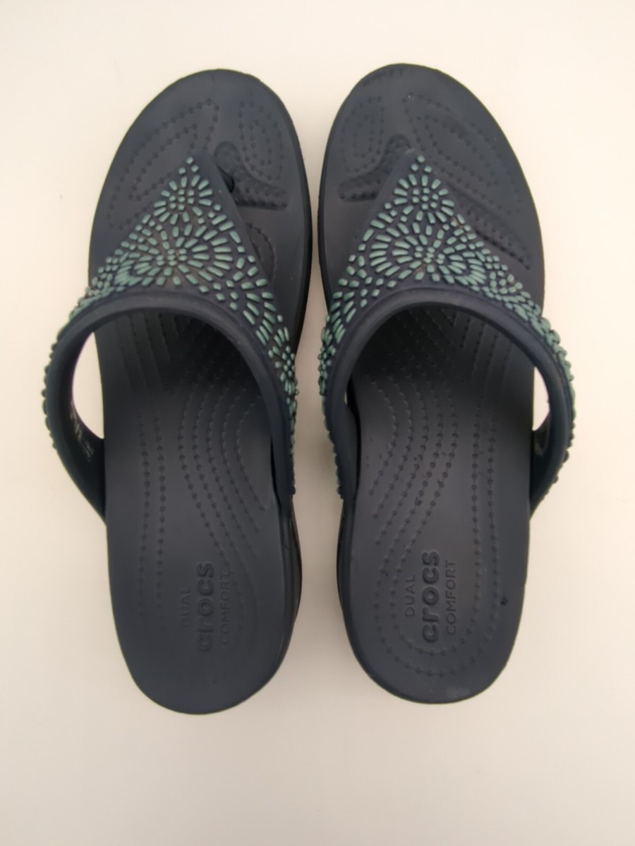 Crocs Monterey Diamante Blue Slip On Sandals Wedge Heel Flip