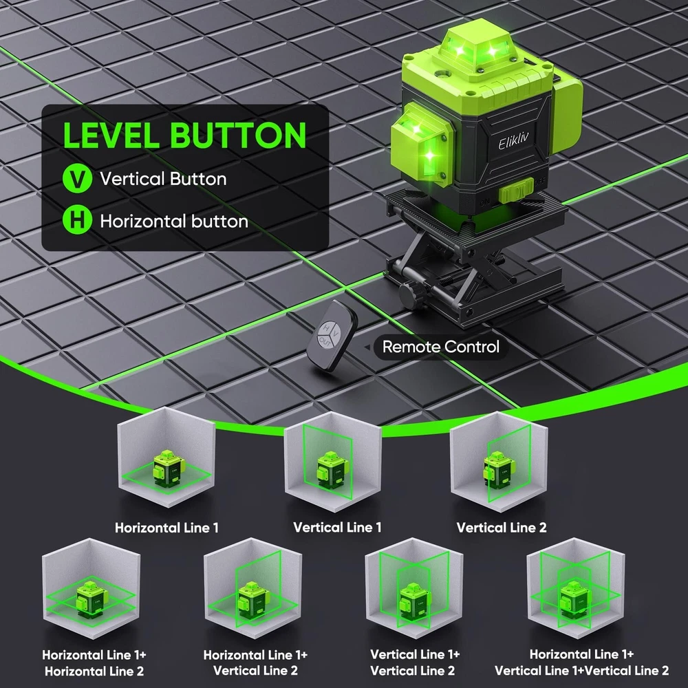 Laser Level Self Leveling - Elikliv 200ft Robust Indoors 4D Green Cross Line ...