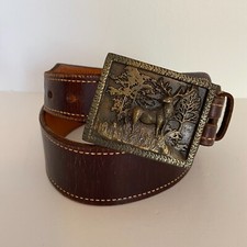 Adezy Denver 1975 Buck Deer Belt Buckle Brown Leather Belt 36