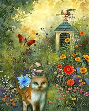 Art Print 10x8 Whimsical Cat Flower Field Landscape From Painting Artist Signed