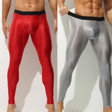 Men's Smooth Shiny Pants Fitness Running Stretch Sports Yoga Tights Semi-Sheer
