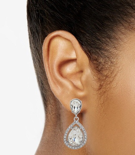 $48 Givenchy Silvertone Clear Crystal Halo Teardrop Double Drop Earrings Z13 - Picture 2 of 7