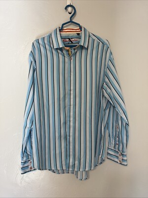 Robert Graham Button Up Lt Bl/wh/bl,Shirt Men 2XL Flip Cuff Orange/white Striped