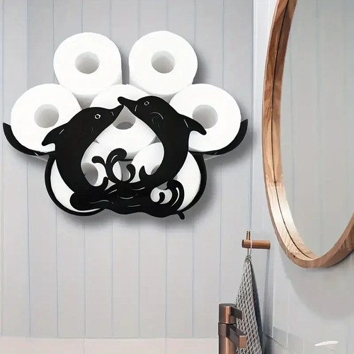 Iron Dolphin Toilet Paper Holder Adhesive Organizer Bathroom Storage Decor - Picture 4 of 7