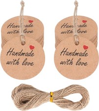 100Pcs Handmade with Love Tags Paper Hanging Tags with String 1.2 Round Brown