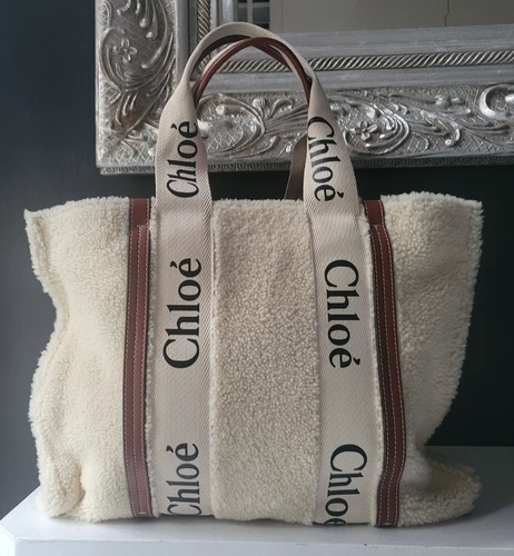 CHLOE WOODY LARGE SHEARLING & LEATHER TOTE