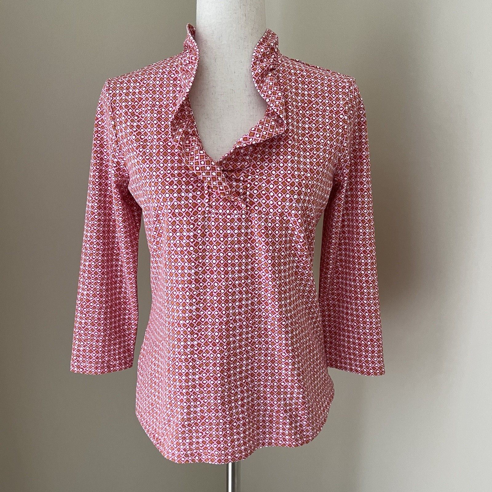 J McLaughlin Womens Durham Ruffle Top Sz S Pink Geometric Catalina Cloth Preppy