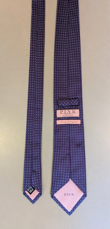 Corbata Thomas Rosa Seda Púrpura con Pequeños Cuadrados Azules 3.25 x 59" Inglaterra Foto 3 de 4