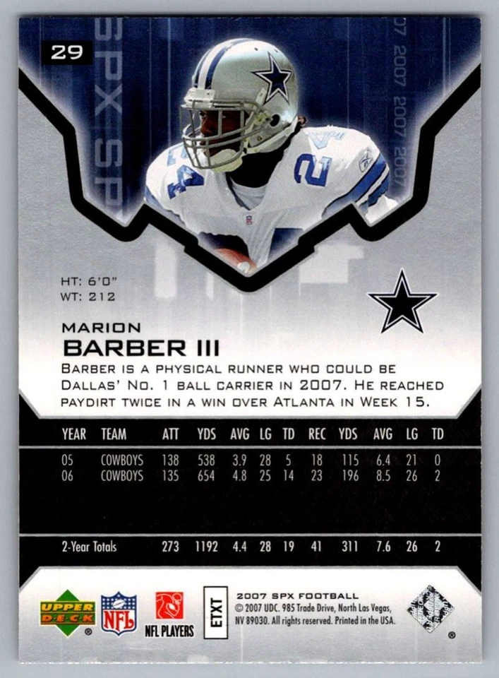 2007 SPx Marion Barber Dallas Cowboys #29 - Image 2 of 2