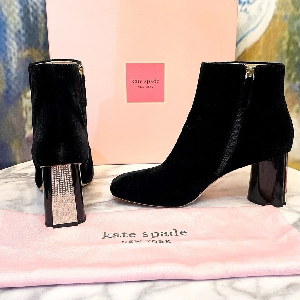 Kate Spade Reenie Velvet Booties Jewel Rhinestone Ankle Heel Black 10M GUC - Image 2 of 4