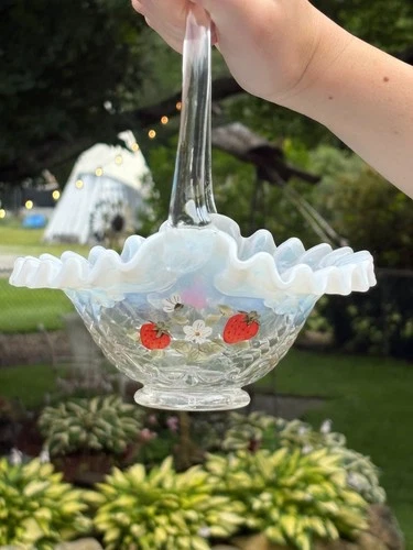 FENTON STRAWBERRY OPALESCENT GLASS BASKET SIGNED STEVENS