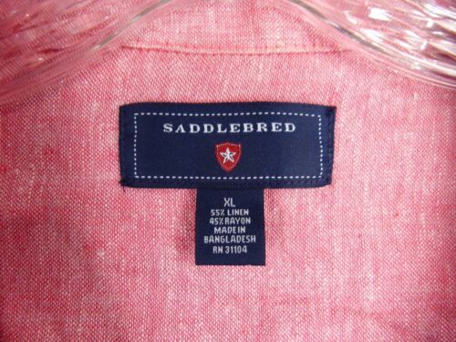 Saddlebred Mens XL Pale Red Chambray Linen Blend Button-down Shortsleeve Shirt - Picture 2 of 4