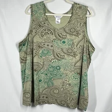 Ulla Popken Tank Top Plus Sz 20/22 Green Brown Paisley Floral Boho Lagenlook