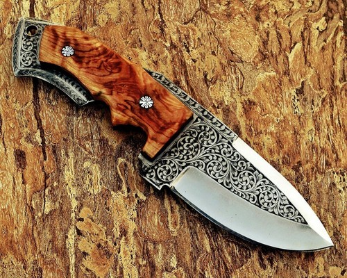 D2 STEEL CUSTOM HAND ENGRAVED HUNTING BOOT DAGGER KNIFE WOOD GRIP - Foto 7 di 9