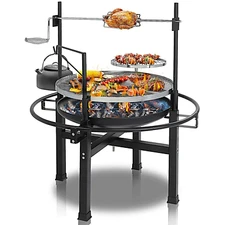 Round Charcoal Rotisserie Grill with Spit, Multi-Level Circular Charcoal Grill