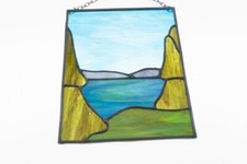 Beautiful Handmade Stained Glass Hanging Window Panel Lake Mountains Multicolor