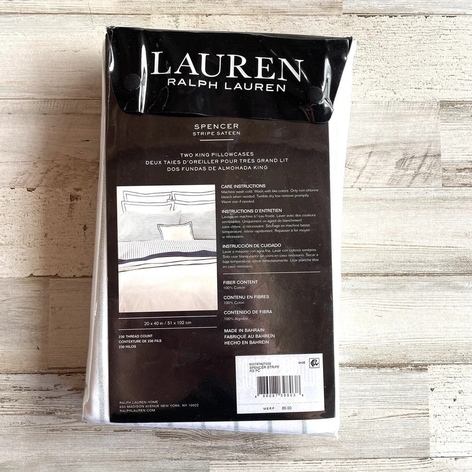 Ralph Lauren Home Spencer Stripe Cotton Sateen King Pillowcases White Sage NWT - Image 3 of 4