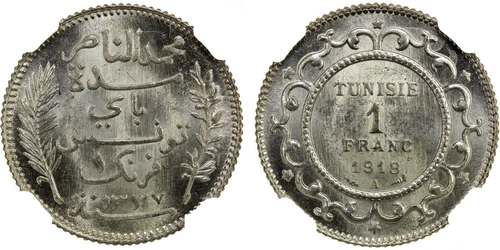 TUNISIA  , SILVER 1 FRANC 1918-A  NGC MS 65+ ( 11 ) , RARE
