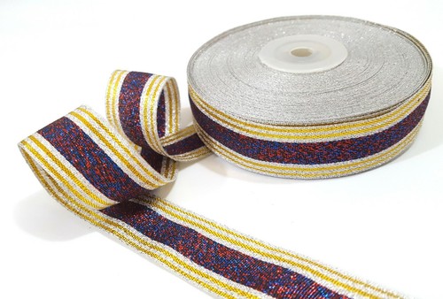 1" 25mm -32y No Wired Silver Gold Stripes Purple Red Shiny Polyester Ribbon MR33 - Picture 3 of 7