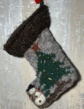 Handcrafted Knit Christmas Stocking Beaded Tree & Snowman – Rustic Lodge Style