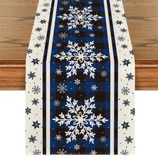 Christmas Decoration Buffalo Plaid Snowflakes Blue Table Runner Xmas Gift 13x72"