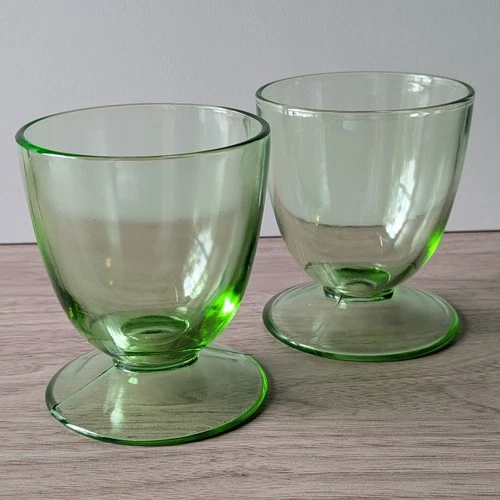 ​Vintage Green Depression Glass Footed Cups Set of 2 - Uranium Glow UV