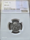 1943 P 1C  Lincoln Wheat Cent NGC MS65 Wartime WWII Penny Steel