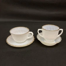 Lot Of Anchor Hocking Fire King Swirl Milk Glass Cup Saucer Sugar Fruit Bowls