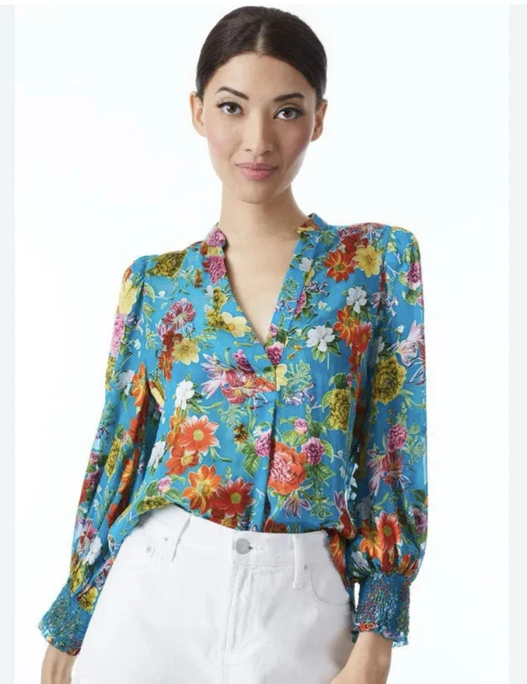 Blusa ALICE + OLIVIA Azul Estampa Floral Básica "Sheila", Tamanho XS 395$ - Imagem 3 de 3