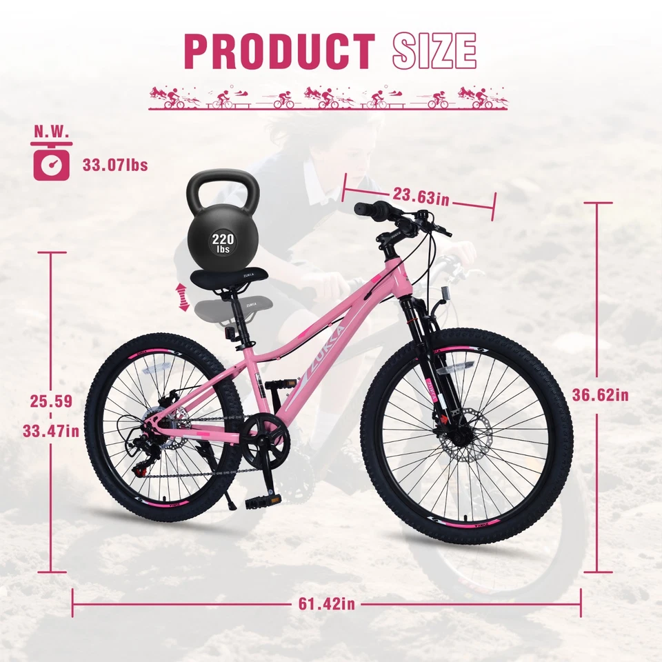 MEGHNA 24 Inch Mountain Bike 6 Speed Kids Bike Steel Frame,Pink - Image 4 of 4