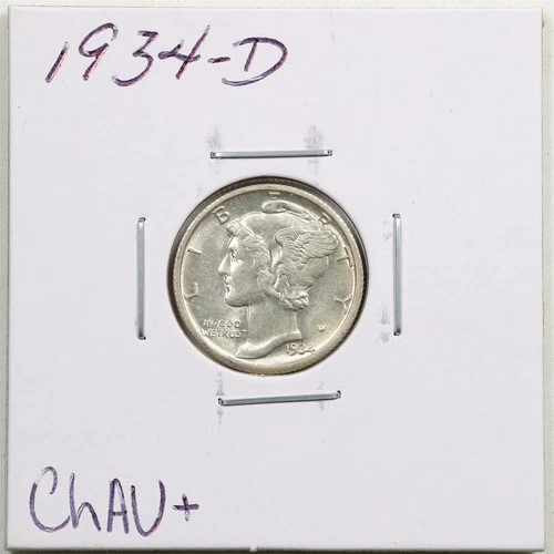 1934-D 10C Mercury Winged Liberty Silver Dime in Choice AU+ Condition #6272