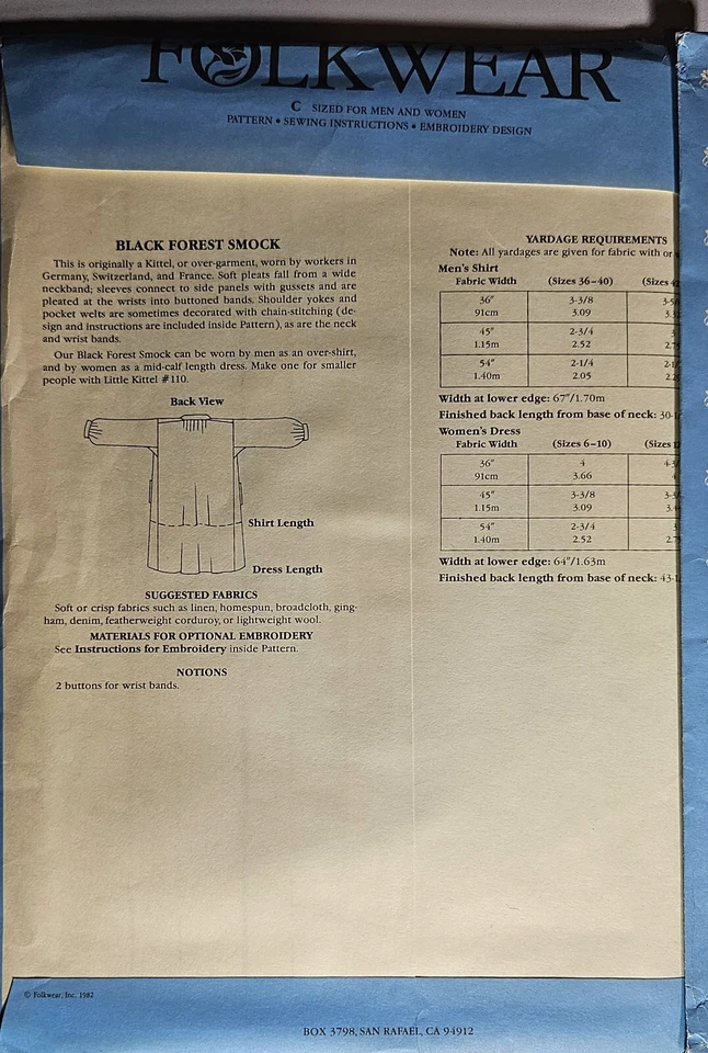 Folkwear Black Forest Smock 108 Men/Women VINTAGE 1982 Unused-F3  - Image 2 of 3