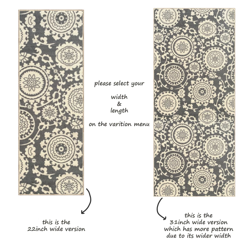 Alfombra de corredor de pasillo de escalera tamaño personalizado espalda de goma antideslizante gris medallón floral Foto 3 de 4