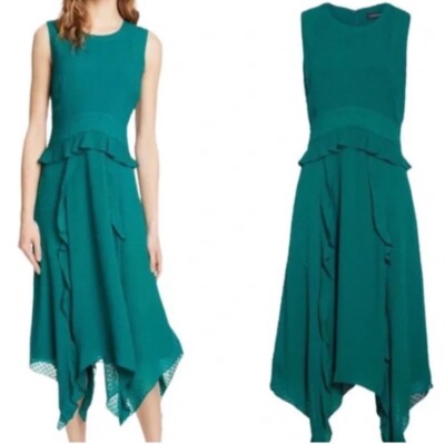 Club Monaco Lochin Swiss Dot Handkerchief Ruffled Midi Dress Green Size 2