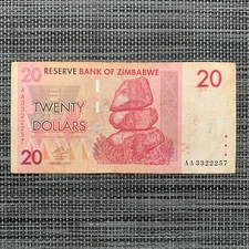 Used Zimbabwe 20 Dollars Banknote 2007 (2008) Zimbabwean Currency Paper Money