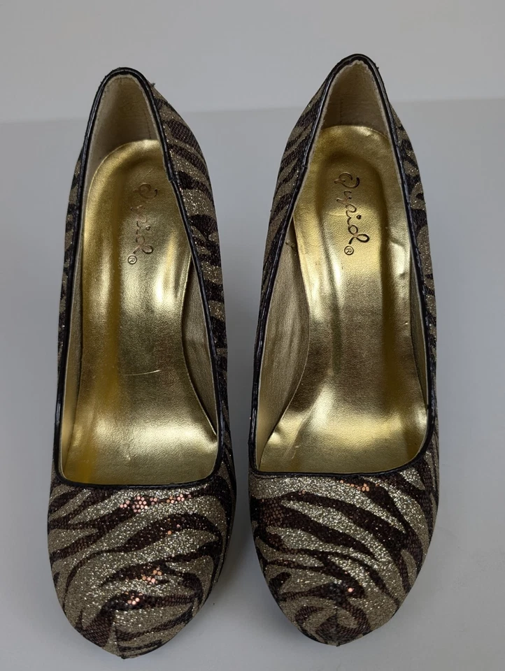 Zapatos para mujer Qupid 5 pulgadas tacones dorado marrón rayas talla 6 vestido de fiesta ¡brillo! Foto 2 de 4
