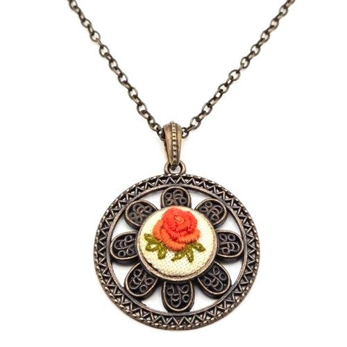 Handmade Rose Mini Embroidery Bronzetone Floral Frame Pendant 27" Necklace
