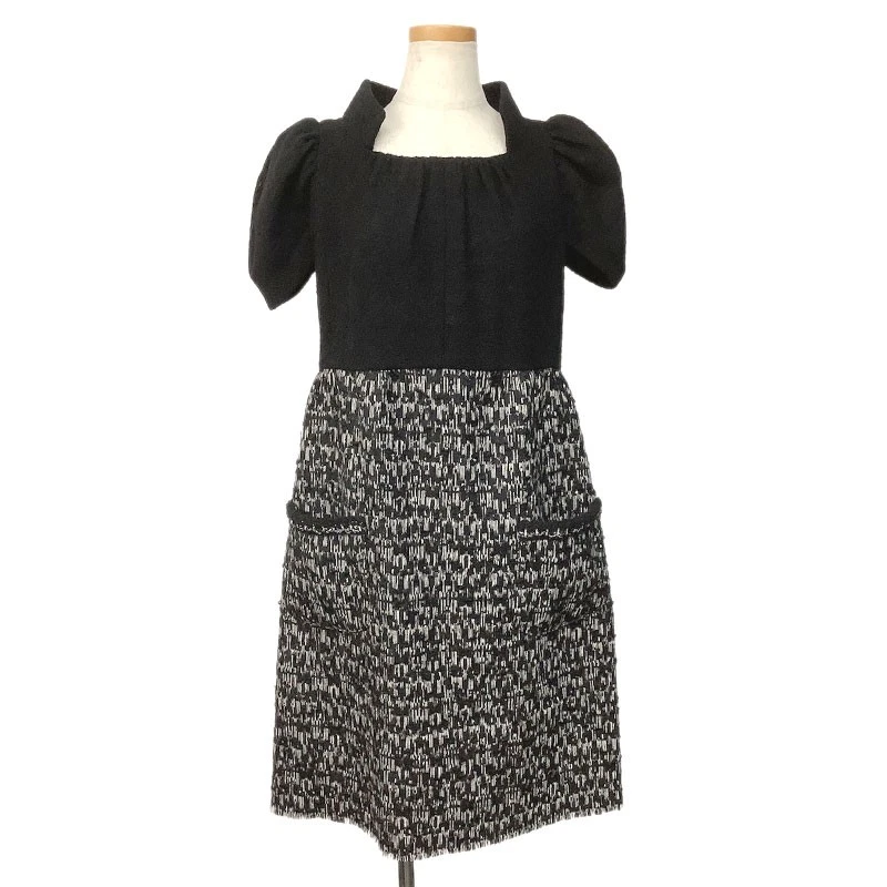 Abito Chanel lana nylon nero taglia 42 XL scollo quadrato tweed manica corta