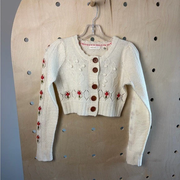 Anthropologie Sleeping On Snow Cream Wool/Mohair Cropped Floral Cardigan XS - Image 2 of 4