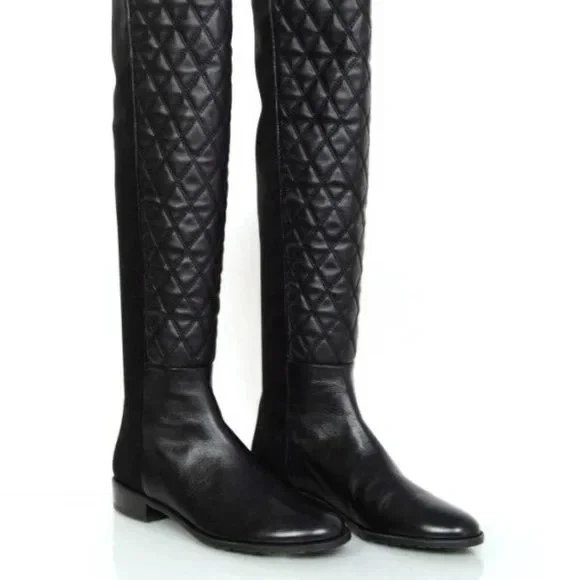 Stuart Weitzman 50/50 Sobre la Rodilla OTK Botas Acolchadas Elásticas Cuero Negro 10 Foto 3 de 4